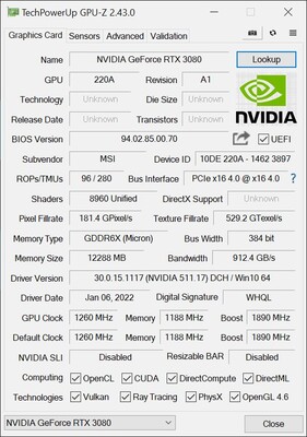 Une capture d'écran GPU-Z de la RTX 3080 12 GB. (Image source : eTeknix)