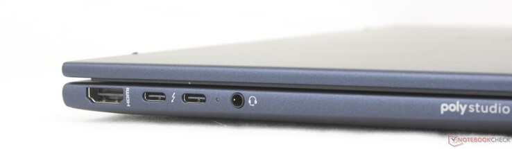 À gauche : HDMI 2.1, 2x USB-C 40 Gbps Thunderbolt 4 avec Power Delivery + DisplayPort 2.1, casque 3.5 mm