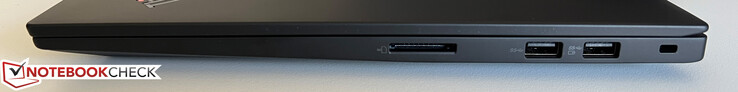 A droite : Lecteur de carte SD, 2x USB-A 3.2 Gen. 1 (5 GBit/s, 1x alimenté), fente de sécurité Kensington Nano