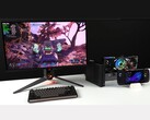 Borderlands 4 sur un écran connecté à un mini PC Minisforum MSA2 associé à une AMD Radeon RX 9070 XT dans un dock eGPU Oculink, aux côtés d'un ordinateur de poche Asus ROG Ally X (Image source : ETA PRIME via YouTube)