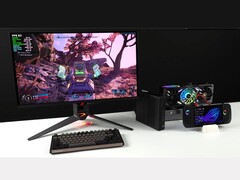 Borderlands 4 sur un écran connecté à un mini PC Minisforum MSA2 associé à une AMD Radeon RX 9070 XT dans un dock eGPU Oculink, aux côtés d'un ordinateur de poche Asus ROG Ally X (Image source : ETA PRIME via YouTube)