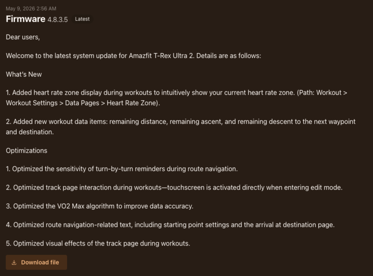 Les notes de mise à jour de la version 3.8.0.5 du micrologiciel de la smartwatch Amazfit T-Rex Ultra 2