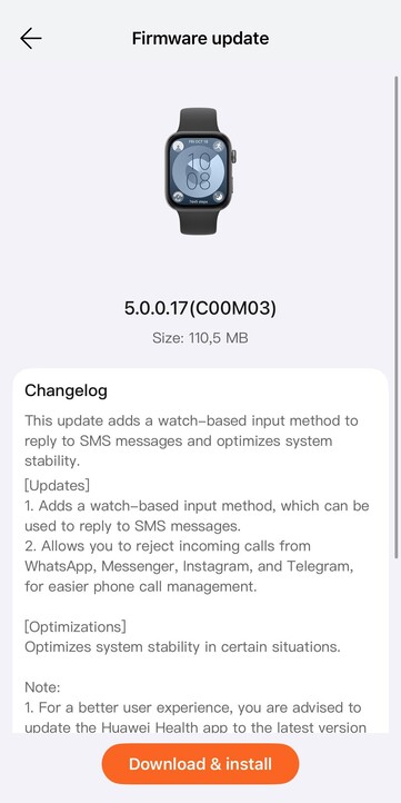 Le journal des modifications de la version 5.0.0.17 du micrologiciel de la Huawei Watch Fit 3. (Source de l'image : u/Eyas-Alhamwi via Reddit)