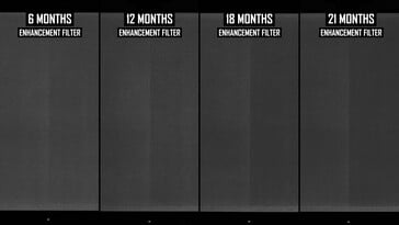 Résultats des tests de combustion à long terme des moniteurs de jeu OLED (modifiés numériquement pour plus de clarté). (Source de l'image : Monitors Unboxed sur YouTube)