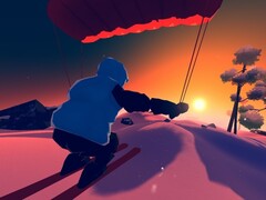 Photo : Photo du coucher de soleil en parapente, vue par-dessus l'épaule, en utilisant le mode photo du jeu (Source : Capture d'écran dans Studio Gauntlet's Sno : Ultimate Freeriding)