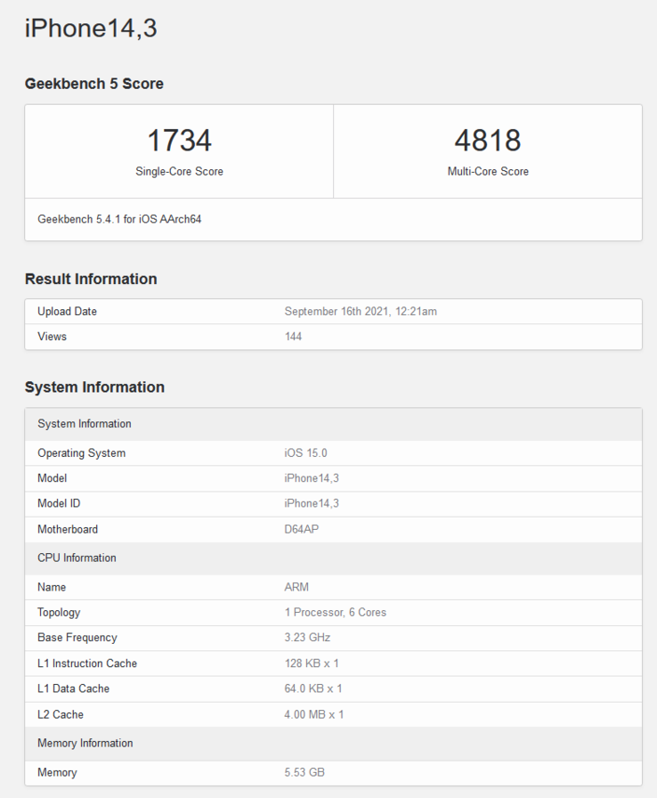 A15 Bionic sur Geekbench (image via Geekbench)