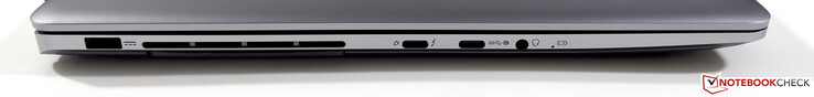 À gauche : alimentation, USB-C 4.0 avec Thunderbolt 4 (40 GB/s, PowerDelivery, DisplayPort ALT mode), USB-C 3.2 Gen.2 (10 GB/s, DisplayPort ALT mode), stéréo 3,5 mm