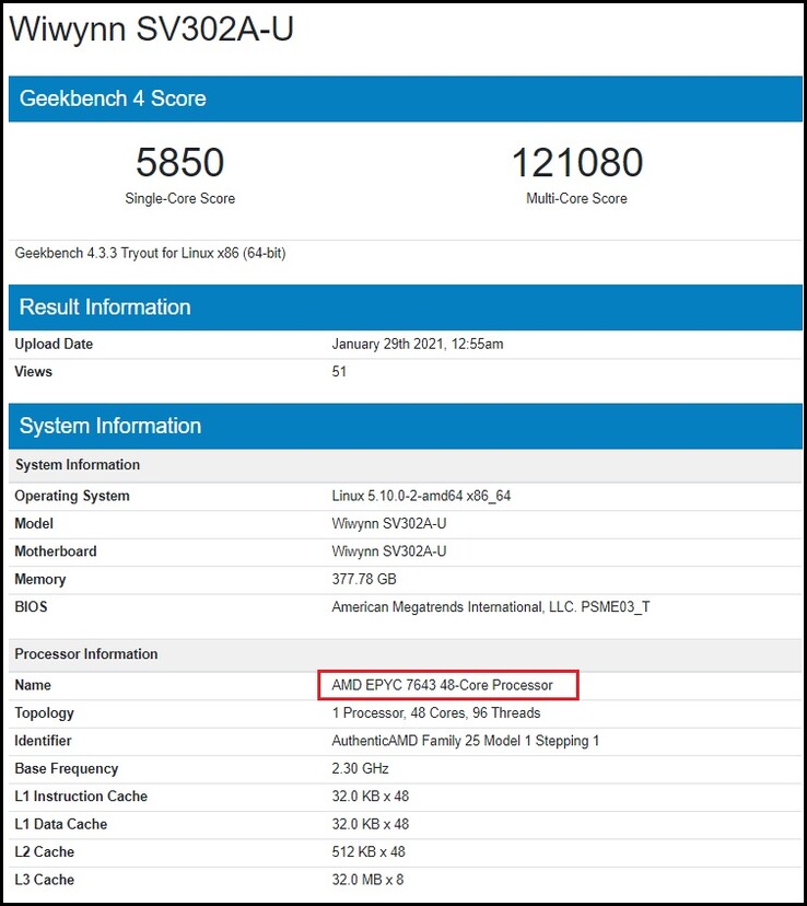 EPYC 7643. (Source de l'image : Geekbench)