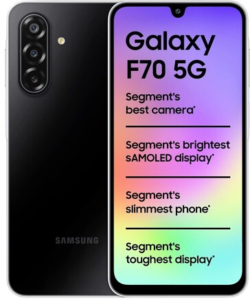 Samsung Galaxy F70 5G en Bold Black, vu de face et de dos
