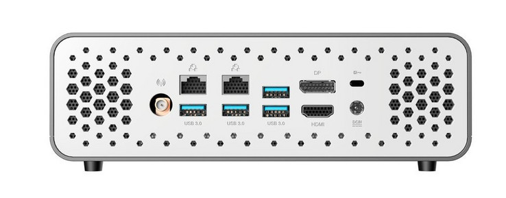 A l'arrière : antenne amovible, 2 Ethernet gigabit, 4 USB A 3.0, HDMI 2.0, DisplayPort 1.2 plein format, verrou de sécurité Kensington, entrée secteur (Source: Zotac).