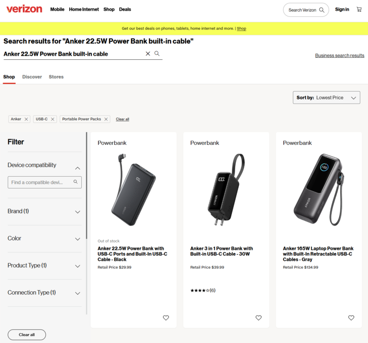Capture d'écran du listing Verizon du nouveau power bank d'Anker. (Source de l'image : Verizon)