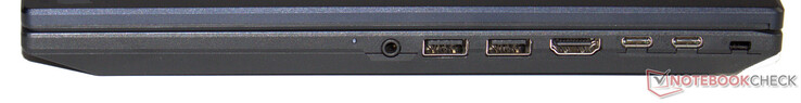 Côté droit : combo audio, 2x USB 3.2 Gen 2 (USB-A), HDMI, Thunderbolt 4 (USB-C ; Power Delivery, DisplayPort), USB 3.2 Gen 2 (USB-C ; Power Delivery), emplacement pour verrou Kensington