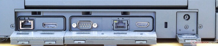 A l'arrière : Ethernet gigabit, DisplayPort 1.2, port série, Ethernet gigabit, HDMI 1.4, entrée secteur.