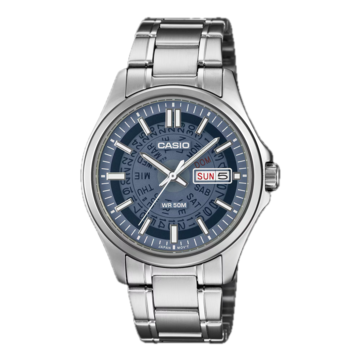 La montre MTP-E740-2A1V de Casio, de couleur bleu marine, est dotée d'un cadran translucide qui laisse apparaître les rouages indiquant le jour et la date situés en dessous.
