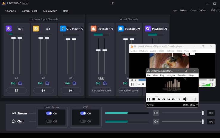 Exemple de routage virtuel : deux sources audio PC virtuelles avec une entrée micro XLR, mixées en une sortie combinée.