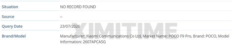 Fiche du Poco F9 Pro dans la base de données IMEI de la GSMA.