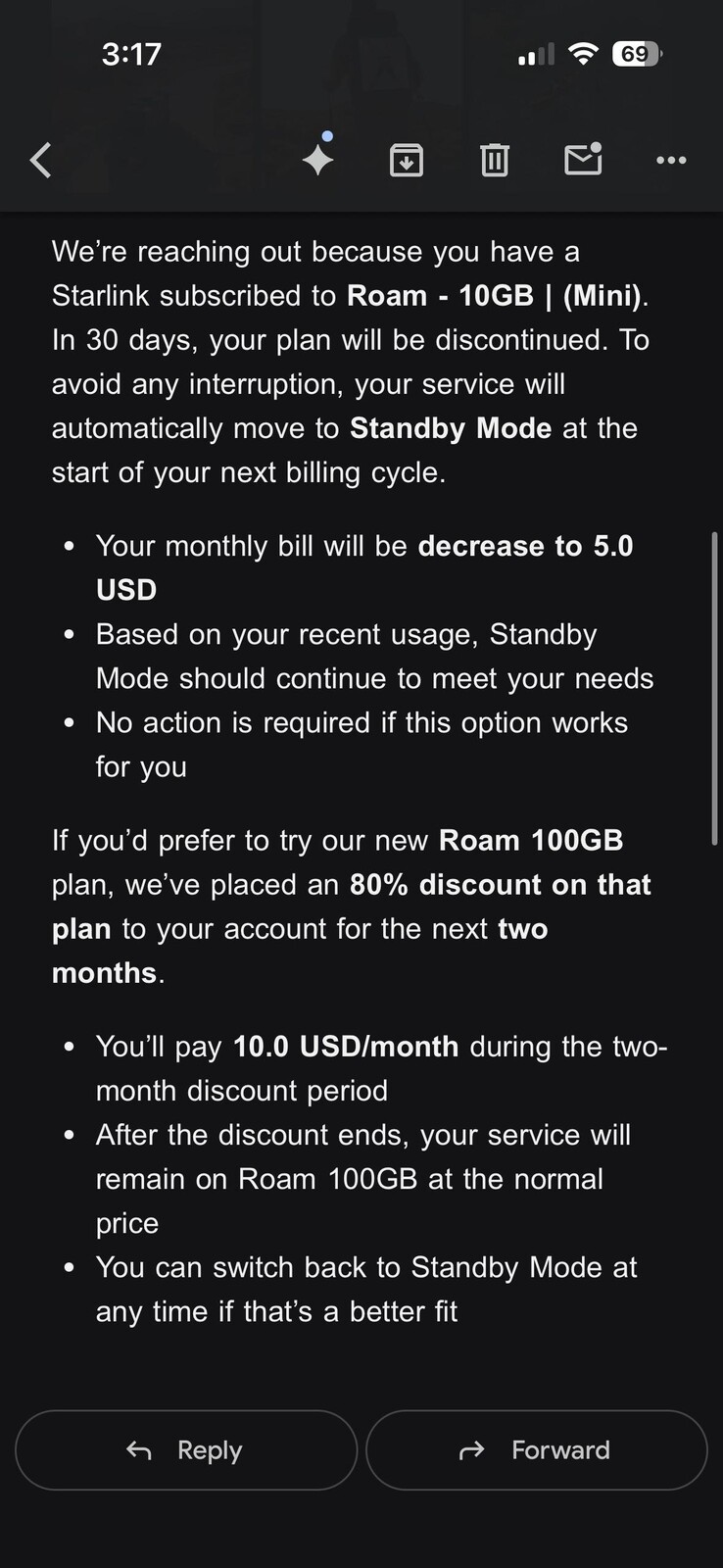 Starlink transformera le plan d'itinérance à 10 $ en mode veille. (Source de l'image : silvertricl0ps/Reddit)