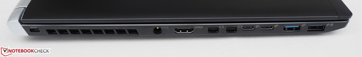 Côté gauche : verrou de sécurité Kensington, entrée secteur, HDMI 2.0, 2 mini DisplayPort 1.4, 2 USB C 3.1 Gen 2, 2 USB A 3.0.