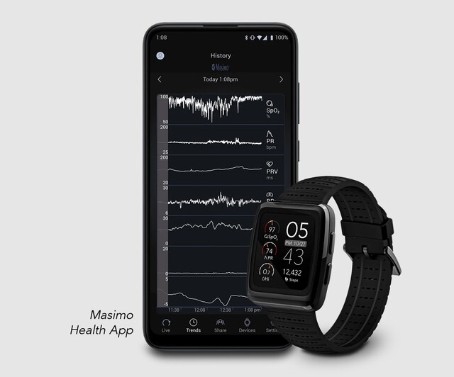 Les constantes Masimo W1 peuvent être enregistrées sur les smartphones et visualisées à distance en temps réel par les médecins. (Source : Masimo)