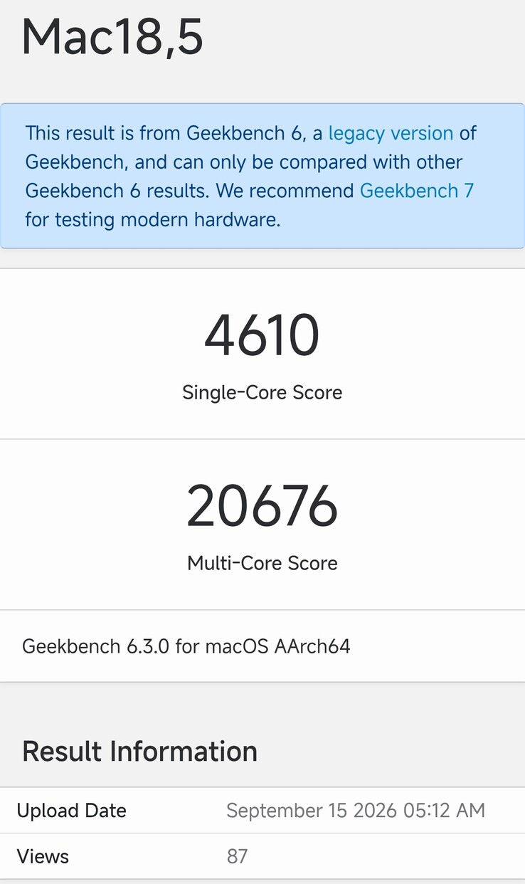La fiche Geekbench 6.3 du Mac mini M6