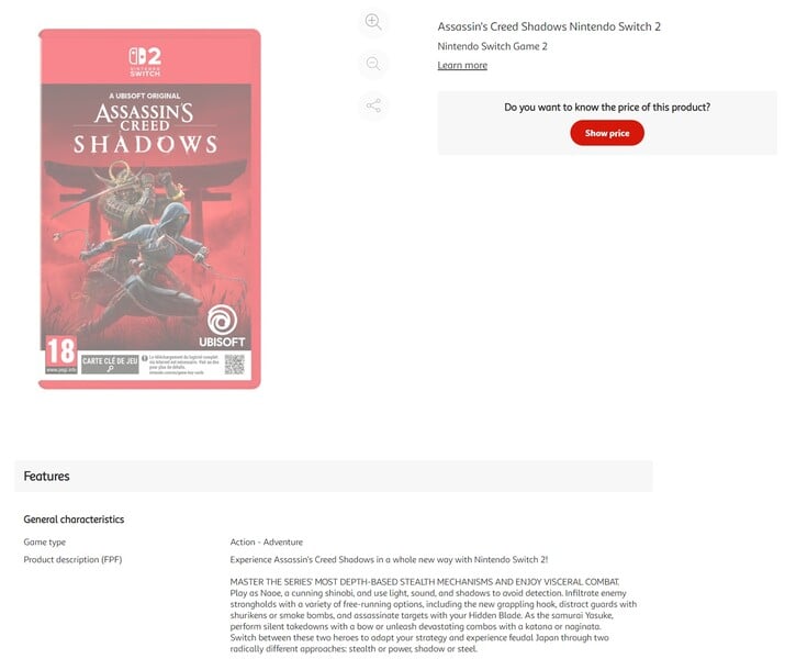 Assassin's Creed Shadows Switch 2 au catalogue Auchan (Source de l'image : capture d'écran, Auchan)