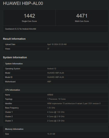 Score Geekbench du HiSilicon Kirin 9010 (image via Geekbench)