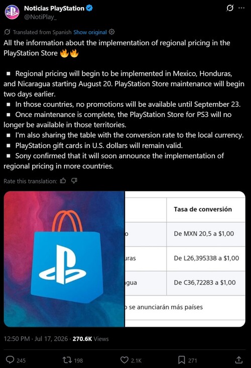 Annonce traduite concernant les tarifs du PlayStation Store en Amérique latine