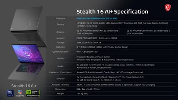MSI Stealth 16 AI+ : Spécifications. (Source de l'image : MSI)