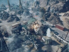Un hélicoptère d&#039;attaque tirant et détruisant un bâtiment dans Battlefield 6 (Image source : Battlefield on YouTube, screenshot)