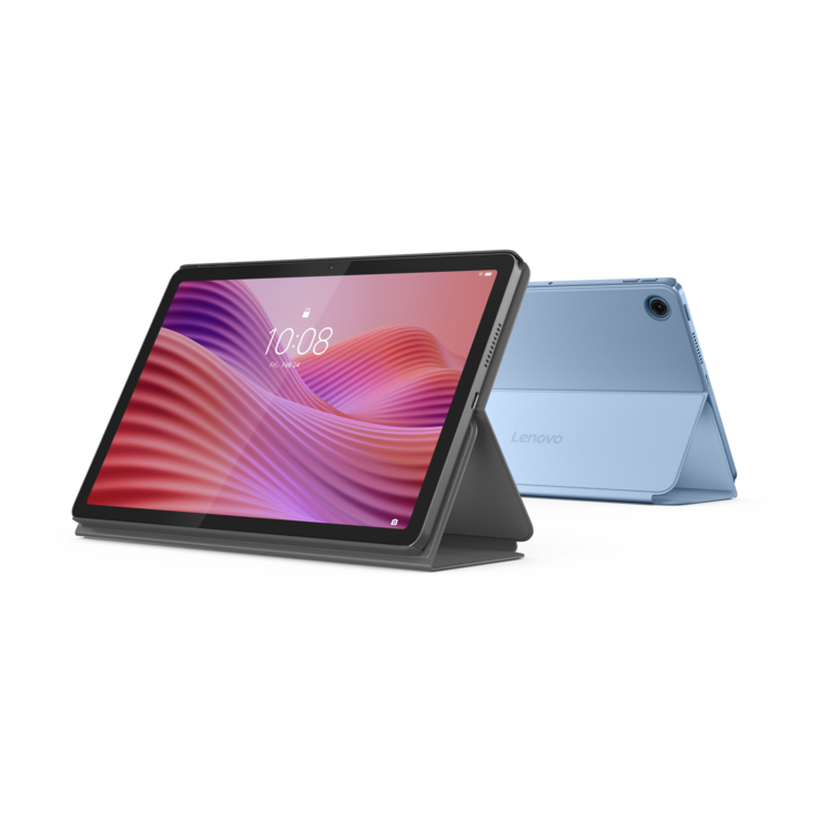 Lenovo Tab en couleur Luna Grey et Polar Blue avec étui