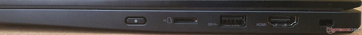 A droite : bouton d'alimentation, lecteur de carte microSD, USB-A 3.2 Gen1 (alimenté), HDMI 2.0, dispositif de verrouillage de sécurité