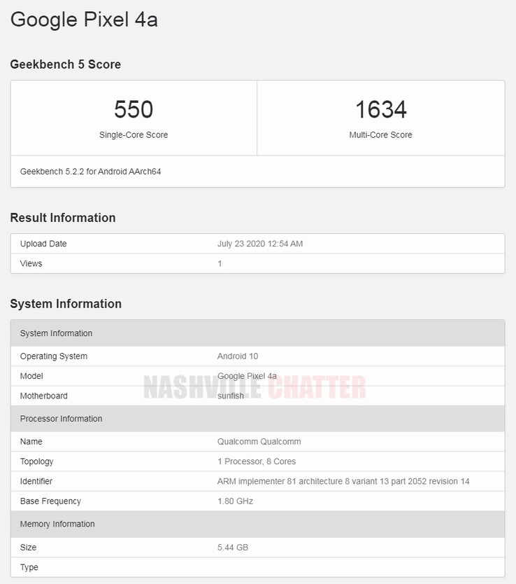 Le "Google Pixel 4a" sur Geekbench 5. (Source : Geekbench via NashvilleChatter)