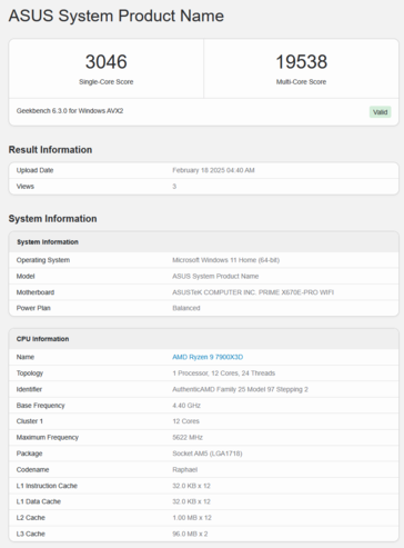 Ryzen 9 7900X3D Geekbench (image source : Geekbench)
