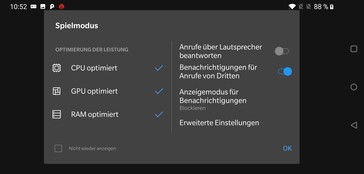 Le menu de jeu pop-up du mode de jeu OnePlus.