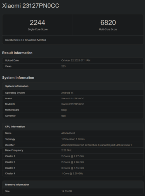 Score Geekbench du Snapdragon 8 Gen 3 (image via Geekbench)