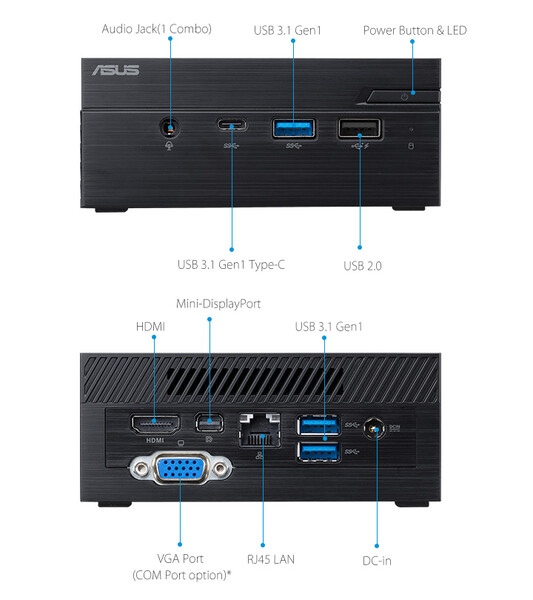 Un aperçu de l'avant et de l'arrière de l'ASUS PN40. (Source de l'image : ASUS)