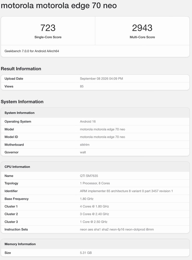 Fiche Geekbench de l’Edge 70 Neo.
