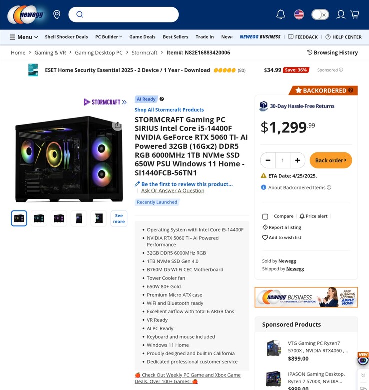 Le PC de jeu RTX 5060 le moins cher coûtera apparemment 1 299,99 $. (Source de l'image : Newegg)