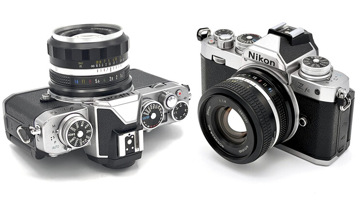 Le NONIKKOR-MC 35 mm F1.4 dans les années 1960 (à gauche) et 1980 monté sur le Nikon Z fc. (Source de l'image : ArtraLab)