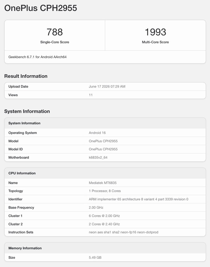 Fiche présumée du OnePlus N6 sur Geekbench.