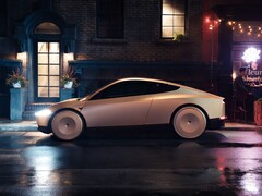 Tesla Cab garée de nuit dans une rue humide de la ville, avec un design élégant et futuriste et des roues couvertes. (Source de l'image : Tesla)