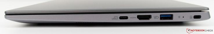 Côté droit : USB C, HDMI, USB A 3.0, verrou de sécurité.