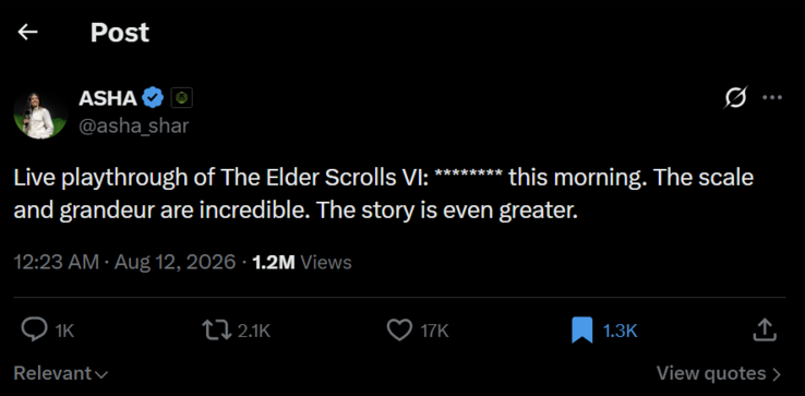 Asha Sharma a joué à The Elder Scrolls VI