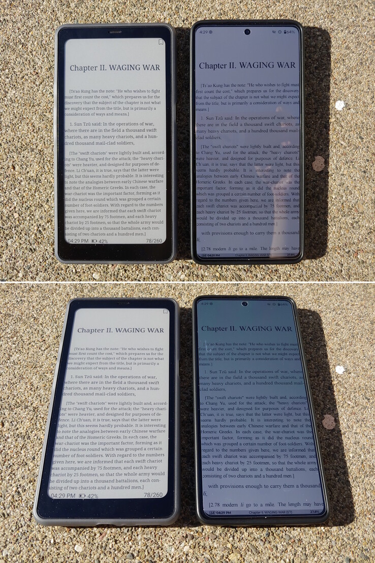 Kaleido vs OLED (~1,200 nits). Lumière directe du soleil de l'après-midi.