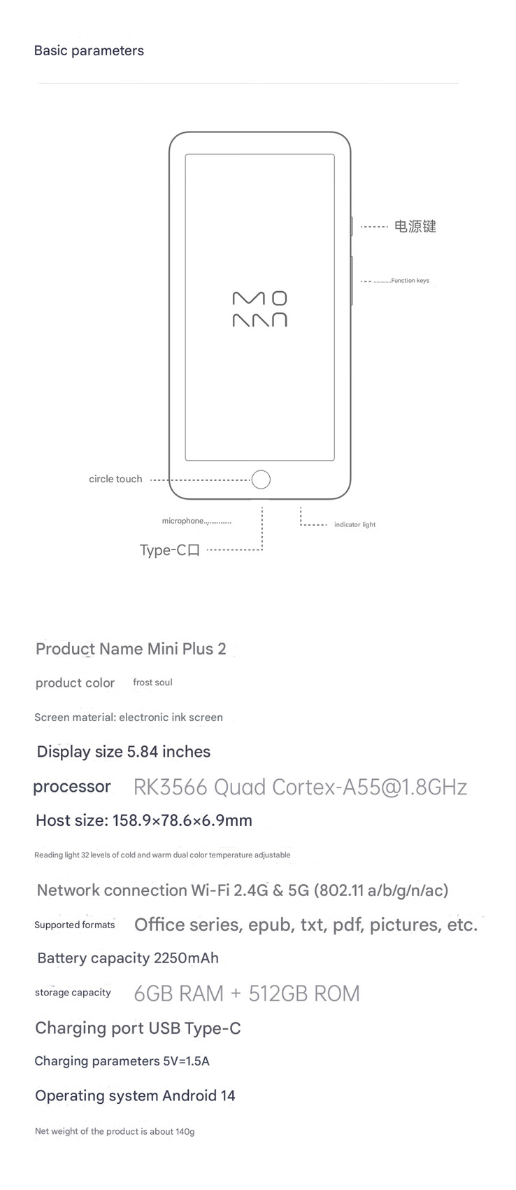 Caractéristiques techniques complètes du Moaan InkPalm Mini Plus 2 (Image source : Xiaomi - machine translated)