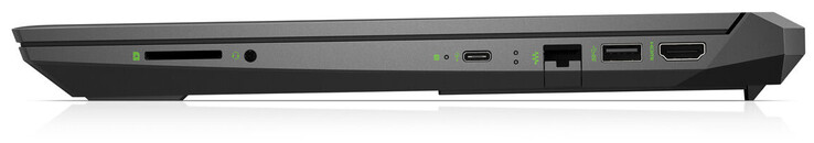 Côté droit : lecteur de carte (SD), prise jack, USB C 3.2 Gen 1, Ethernet gigabit, USB A 3.2 Gen 1, HDMI.