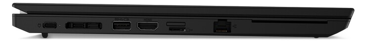 Côté gauche : 1x USB-C 3.2 Gen 2 (alimentation), 1x USB-C 3.2 Gen 1, port d'accueil, USB-A 3.2 Gen 2, HDMI 2.0, emplacement nano SIM (en haut, en option), lecteur de carte microSD (en bas), Gigabit LAN, lecteur de carte à puce (en option)