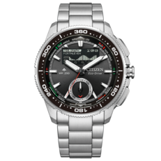 Image de la Citizen Promaster Wave Tracker JV3001-53E avec bracelet en acier inoxydable, lunette noire et cadran hybride analogique-numérique pour le chronométrage des yachts.