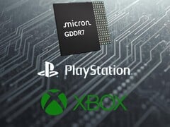 Les logos PlayStation et Xbox sont visibles sous la DRAM GDDR7 de Micron (Source de l'image : Micron, Sony PlayStation, Xbox Gaming avec modifications)