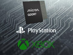 Les logos PlayStation et Xbox sont visibles sous la DRAM GDDR7 de Micron (Source de l'image : Micron, Sony PlayStation, Xbox Gaming avec modifications)